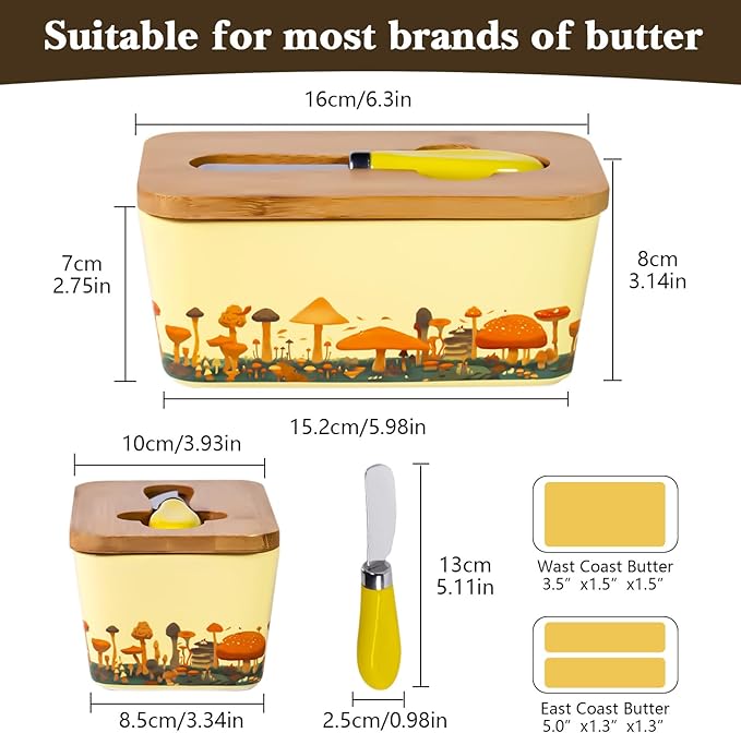 Mushroom Butter Dish with Lid,Large Butter Crock Keeper Saver,Ceramic Butter Container for Countertop with Highly Sealed Silicone Thick Wooden Lid for Kitchen Farmhouse Decor (Yellow, Mushroom)