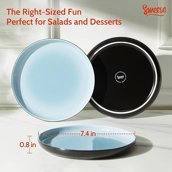 Sweese Porcelain Dessert Plates, 7.4 Inch Lightweight Round Salad Plates Set of 6, Small Appetizer, Small Kitchen Dish, Microwave & Dishwasher Safe, Scratch Resistant Plates set, Black & Blue