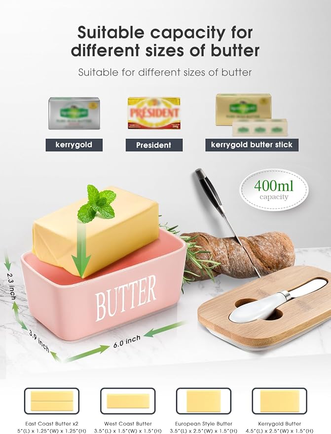 Butter Dish with Lid, Home Decor, Large Butter Dish for Countertop Ceramic Butter Keeper Container with Knife and High Quality Silicone Sealing Good Kitchen Gift Pink