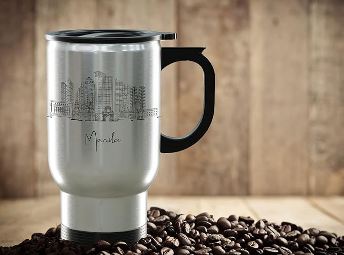 Manila Skyline Steel Mug, Asia Skyline 14oz Travel Mug with Handle & Lid Custom Travel Tumblers, Gift For Birthday, Spill Resistant Tumblers for Women, Personalized Tumbler