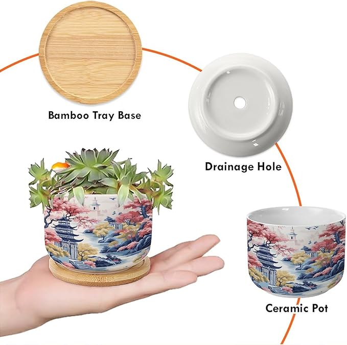 Blue Asia Tiered Tower Coral Pink Flower Small Planters for Succulents Set of 5 Chinoiserie Garden Scenery Ceramics Planters for Indoor Plants Chinoiserie Asian Succulents Plant Pot