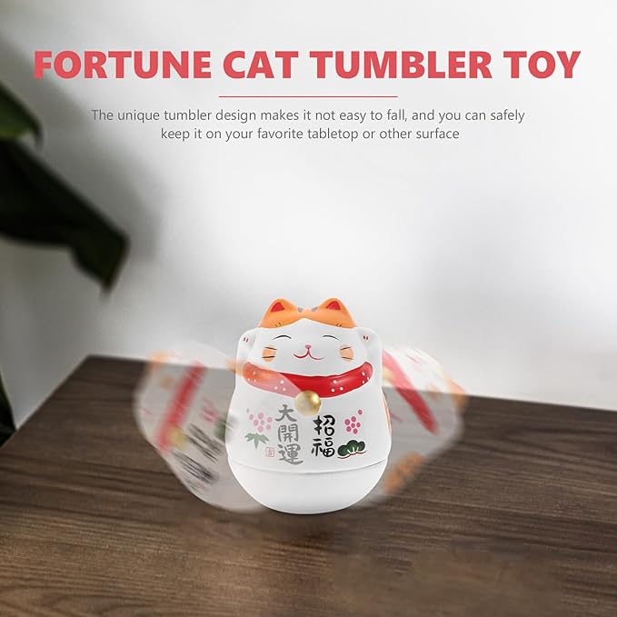 Ceramic Tumbler Lucky Cat Figurine with Orange Ears, White Japanese Maneki Neko Desktop Cat Decor, Feng Shui Ornament for Home and Office Collectible