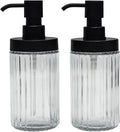 Ribbed Hand Glass Soap Dispenser Set of 2 for Bathroom Countertop & Kitchen Sink Decor, Easy Refill Wide-Mouthed Glass Soap Bottles with Matte Black Pump for Liquid Dish Soap-14.3 oz