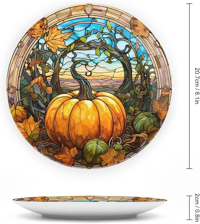 Decorative Plates, Fall Maple & Pumpkin Stained Glass Design Ceramic Dinner Plate Home Wobble-Plate with Display Stand, Wall Hanging Decor for Kitchen Household 8 Inch, Gifts for Thanksgiving