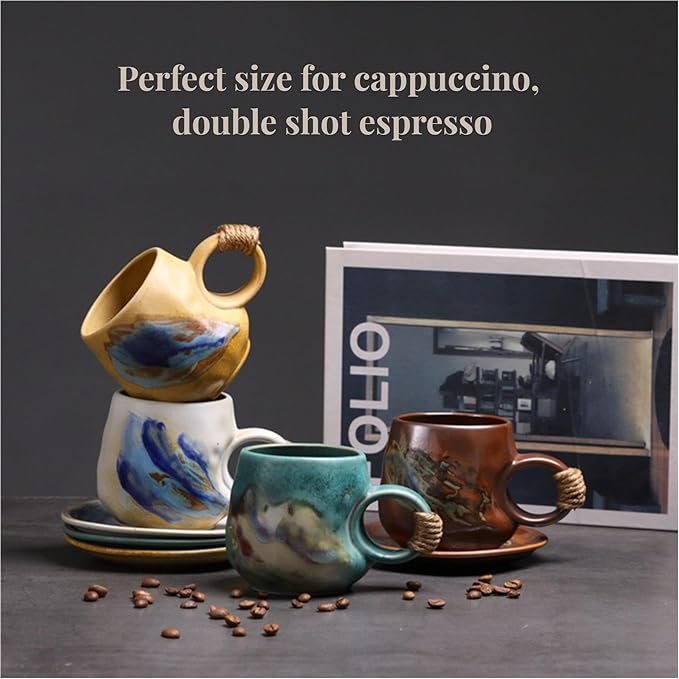 8oz Small Vintage Japanese Style Handmade Ceramic Tea Cup with Saucer , Lead-Free Cappuccino Mug, Artisanal Coffee Mug with saucer set,Handcrafted mug with handle, For Espresso, Latte ,Teal Green