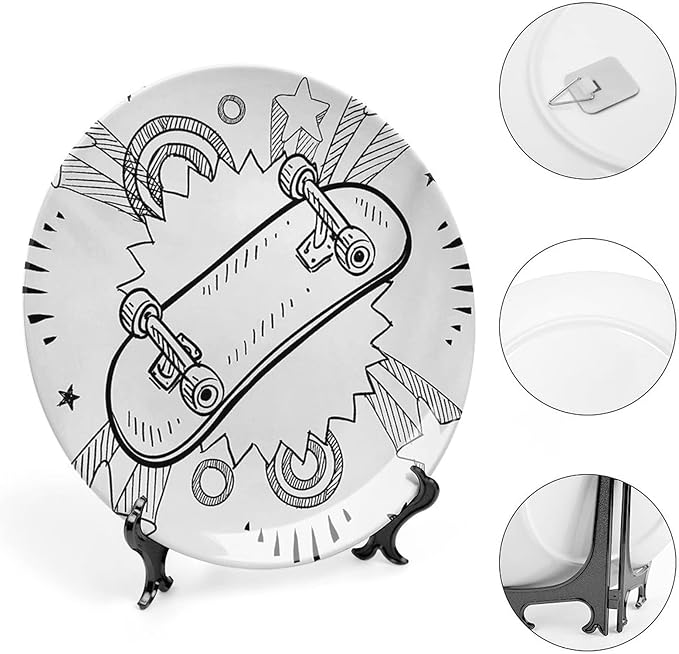 XISUNYA 7 Inch Decorative Plate, Doodle Ceramic Stoneware, Sketch of Skateboard with 60s Style Pop Art Print Ceramic Wall Hanging for Home & Office Wall Hanging Decor