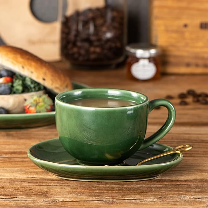 vicrays 6.5 oz Cappuccino Cups with Saucers, Set of 4, Ceramic Coffee Cup for Au Lait, Double shot, Latte, Cafe Mocha, Tea (Green)