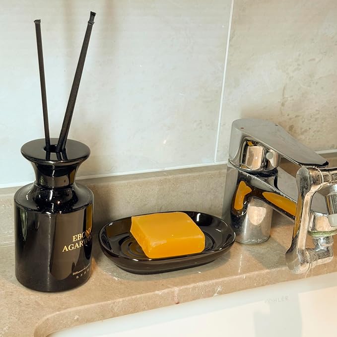 Soap Dish, Ceramic Soap Dish with Marble PatternShower, Soap Saver Tray for Bathroom, Kitchen Sink & Vanity, Multi-Use Holder for Jewelry, Rings, Keys (2 Pack, Black)
