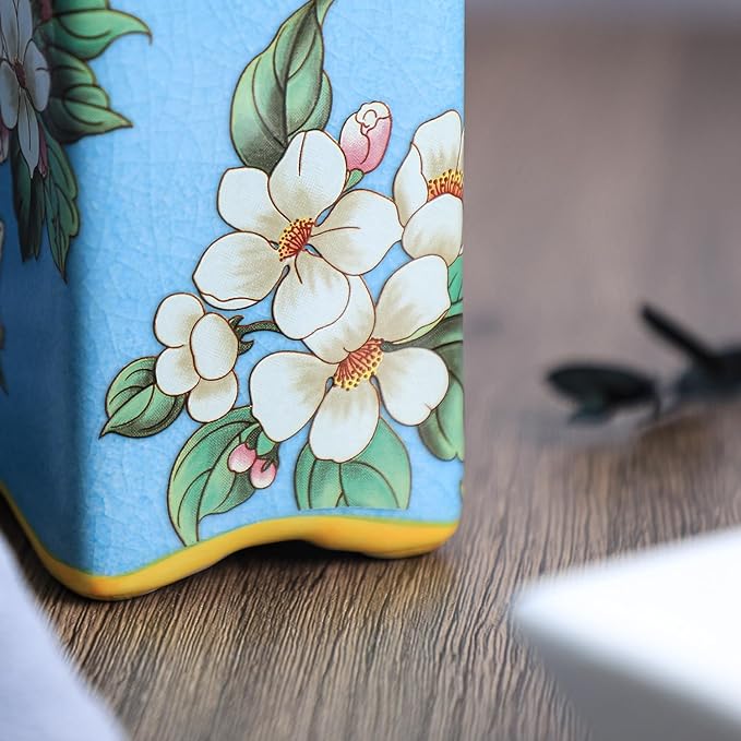 Ceramic Soap Dispenser, Lotion Bottle with Removable Pump, Flower Pattern Dispenser for Kitchen and Bathroom - Blue, 13 OZ