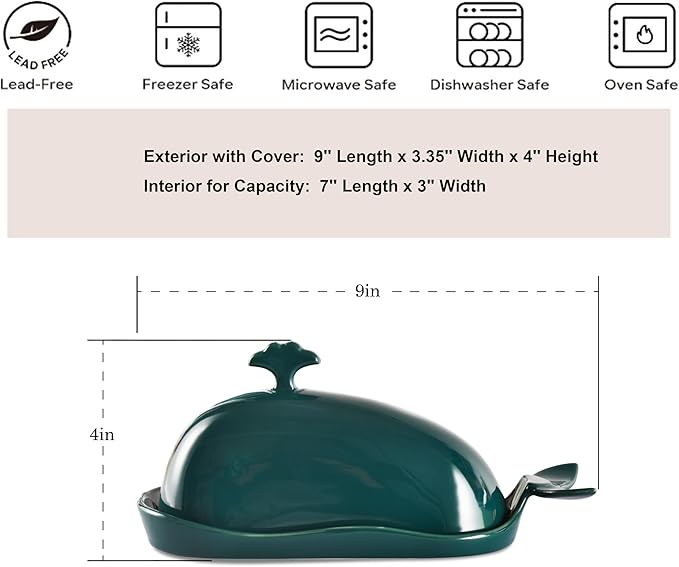 Porcelain Butter Dish for Countertop, Cute Whale Design, Ceramic Butter Dish with Handle, Funny Butter Storage Container, Ideal Gifts for Housewarming, Green