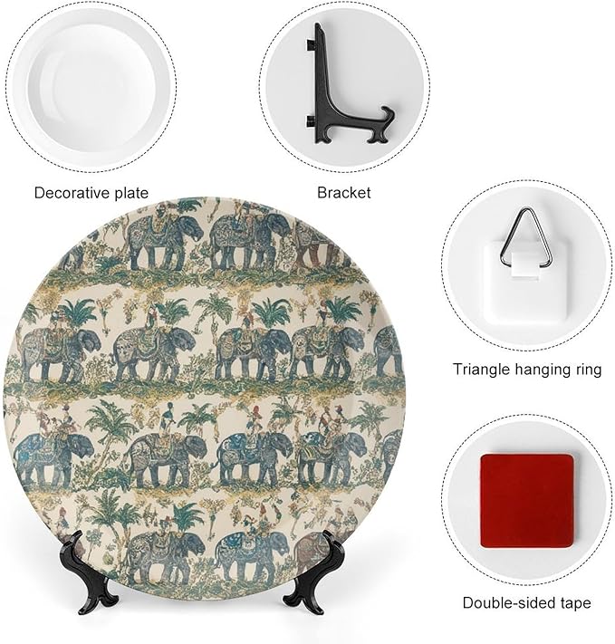 Christmas China Plates for Display South Asian India Elephant Walk Jungle Display Home Supplies Blue And White Plates with Display Stand Custom Gifts for Men Women, 6", 7", 8", 10"