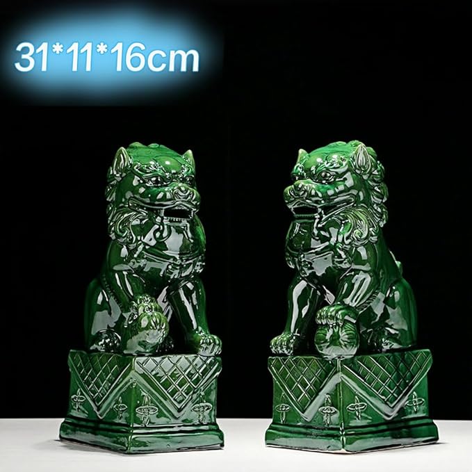 Handmade Ceramic Animal Statue Ceramic Lions Pair Home Decorations Asian Art Desktop Feng Shui Ornaments Dark Green