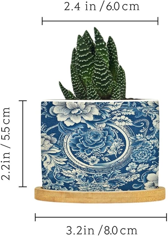 DreamAutumn Chinese Style Chinoiserie Blue and White Porcelain Floral Ceramic Pots for Plants with Drainage Holes Round Flower Pot Bamboo Tray Orchid Pot Succulents Pots for Outdoor Indoor Plants