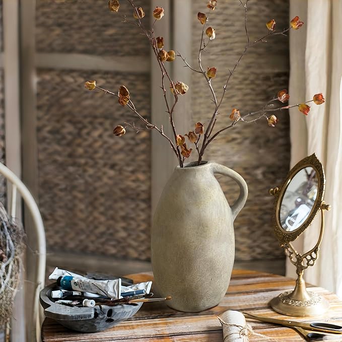 10.3 Inch Ceramic Rustic Farmhouse Vase with Handle, Vintage White Grey Pottery Flower Vase, Rustic Vase for Home Decor, Farmhouse Kitchen, Bedroom, Wedding, Thanksgiving Centerpiece