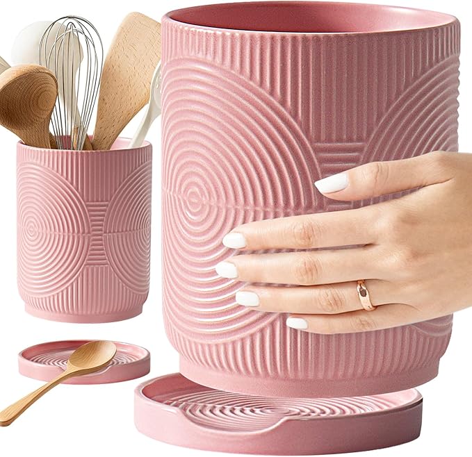 Utensil Holder, 7.2" Kitchen Utensil Holder for Counter, 2-in-1 Ceramic Cooking Utensils Holders with Spoon Rest, Utensil Crock for Spatula, Ideal Housewarming Gift(Pink)