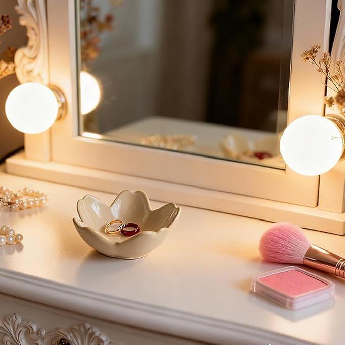 Pearl White Flower Jewelry Dish Ceramic Ring Holder Tray for Vanity, Small Ring Dish Trinket Bowl Aesthetic Nightstand/Bathroom Decor, Women's Gift for Christmas, Birthday, Mother's Day, Anniversary