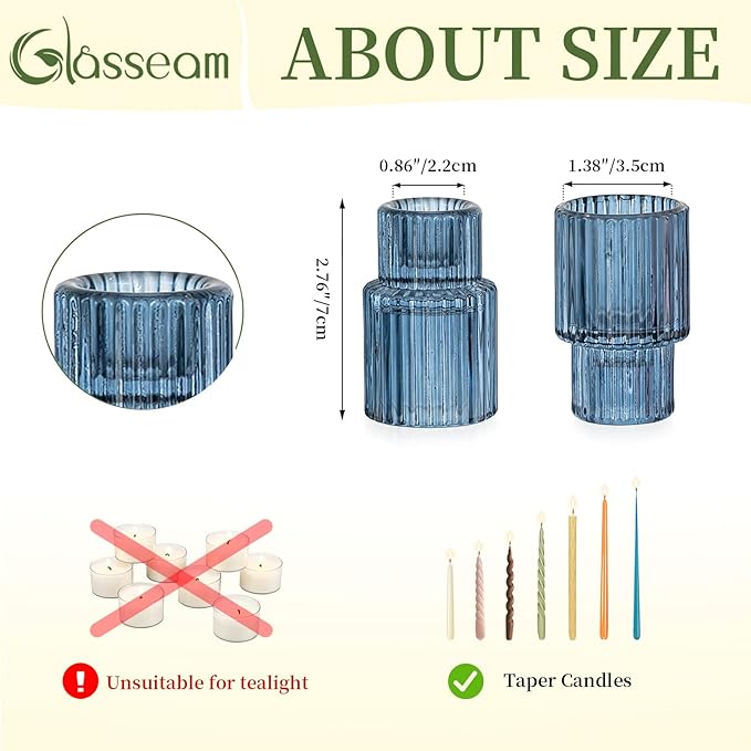 Glasseam Candle Sticks Holder Decor: 2 Pcs Ribbed Glass Blue Candlesticks Holders Modern Fluted Taper Candle Holders for Table Centerpiece Wedding Decorations Dinner Party Home Decor