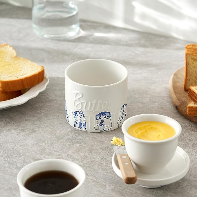 Toptier Butter Crock for Counter With Water Line, On Demand Spreadable Butter, Ceramic Butter Keeper to Leave On Counter, French Butter Dish with Lid (Greedy Cat War)