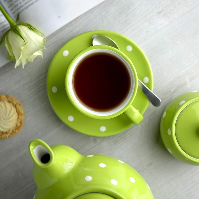 City to Cottage Handmade Lime Green and White Polka Dot Ceramic 8.4oz/250ml | Cappuccino, Coffee, Tea Cup and Saucer, Unique Designer Pottery Gift for Tea Lovers