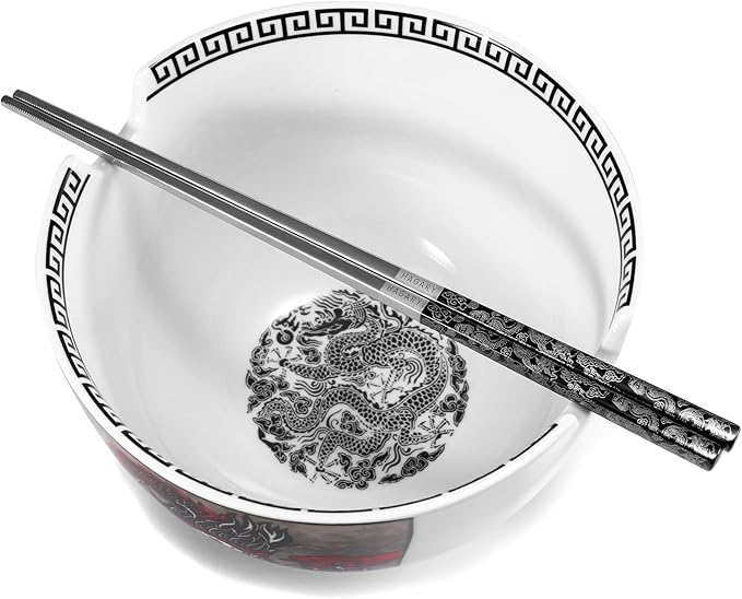 Hagary Dragon Ramen Bowl with Chopsticks Ceramic Bowl Stainless Steel Chopsticks Japanese Style Soup Bowls Housewarming Wedding Gifts Designed in Korea (With Chopsticks) (Black, 30 oz - 1pc)