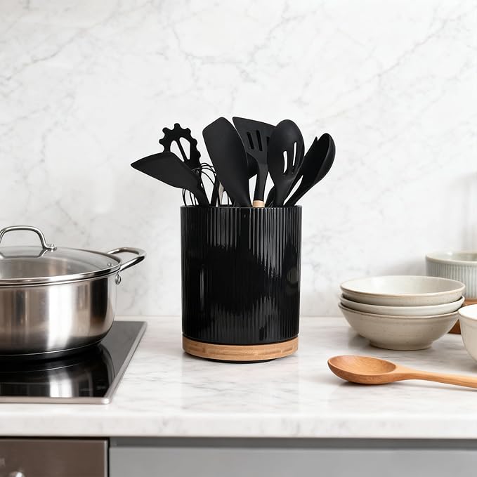 QUELIEN Utensil Holder, 360° Rotating Ceramic Kitchen Utensil Holder for Countertop, 7.7" Utensil Crock for Kitchen Counter with Rotatable Wooden Base,Ideal Housewarming Gift & Mothers Day Gift