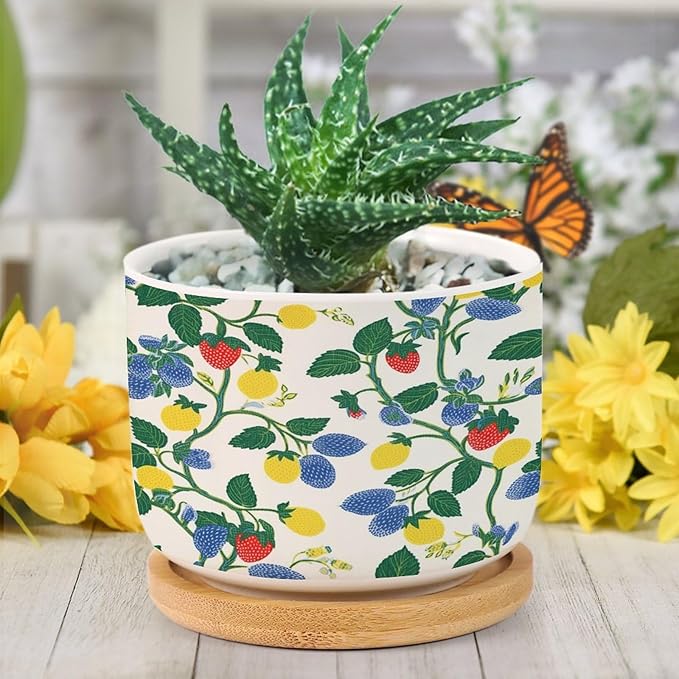 Summer Cherry Lemon Citrus Garden Planter Ceramic Strawberry Fruit Season Round Plant Pot with Drainage Holes and Bamboo Tray Pot for Outdoor Garden Home Plant