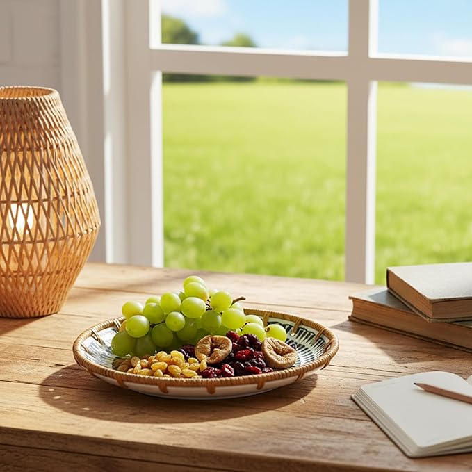 Round Rattan Ceramic Tray, Wicker Fruit/Bread/Cookie/Jewelry Small Storage Porcelain Serving Plate, Vintage Decorative Display Plate for Coffee Table Home Decor Wedding Party Gift （Black Waterdrop）