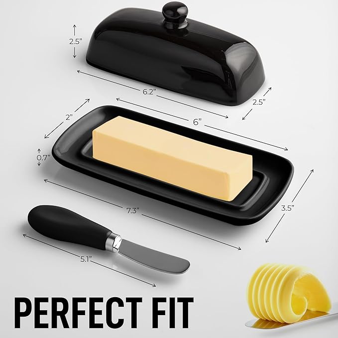 Zulay Kitchen Butter Dish With Lid For Countertop - Porcelain Black, Ceramic Butter Dish with Knob Handle Great for Cooking - Elegant Design Butter Holder - Durable & Sturdy Butter Keeper - Black