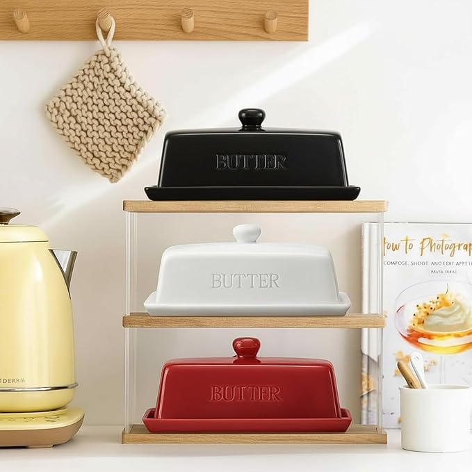WERTIOO Butter Dish with Lid, Ceramic Butter Dish with Lid for Countertop for 1 Stick. Textured Tray for Non Slip Storage with Stainless Steel 3 in 1 Butter Spreader, Red