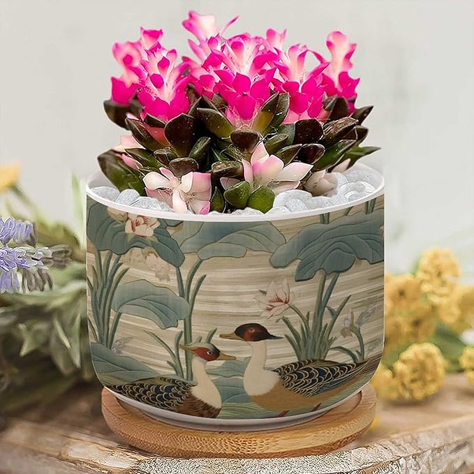 and Duck Garden Small Ceramics Pots for Plants Set of 1 Green Water Lily Chinoiserie Flower Ceramics Plant Pot with Drainage Bamboo Trays Chinoiserie Chic Planter for Succulents