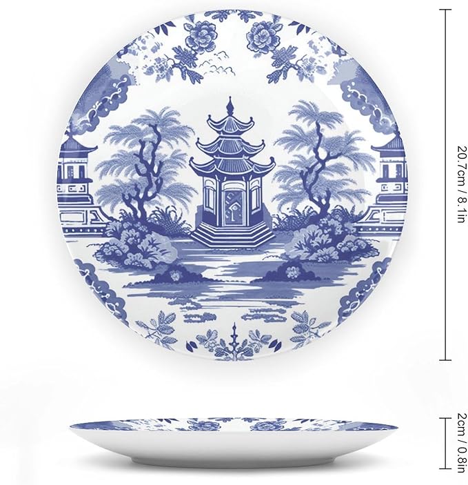 Chinoiserie Blue Asian Pagoda Ceramic Decorative Plate for Display Household Club Supplies Wedding Housewarming Gifts Holiday Party Decorations Personalized Gifts for Men Women Birthday