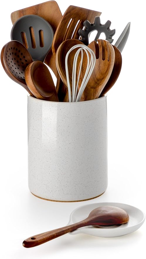 Nucookery Utensil Holder with Spoon Rest, 6.4'' Large Ceramic Kitchen Utensil Crock, Heavyweight Countertop Organizer Holds 10–15 Utensils, Easy Clean, Non-Slip Cork Base