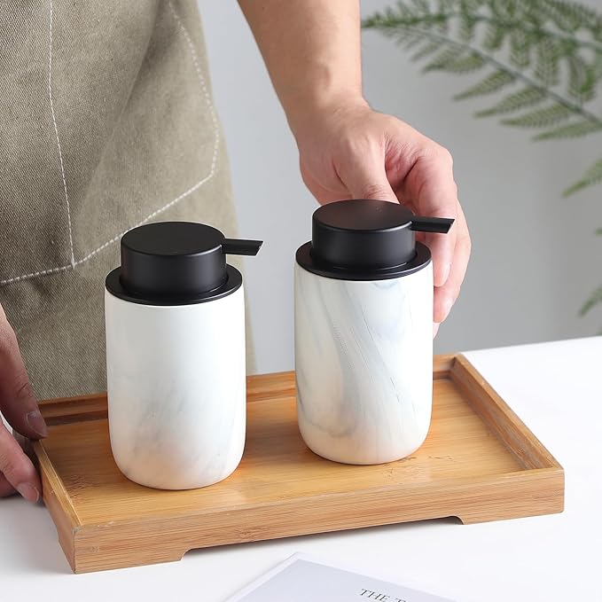 White Marble Soap Dispenser Set- Modern Ceramic Hand Soap Dispenser for Bathroom Liquid Soap for Farmhouse Kitchen Bathroom Decor 2 Pack