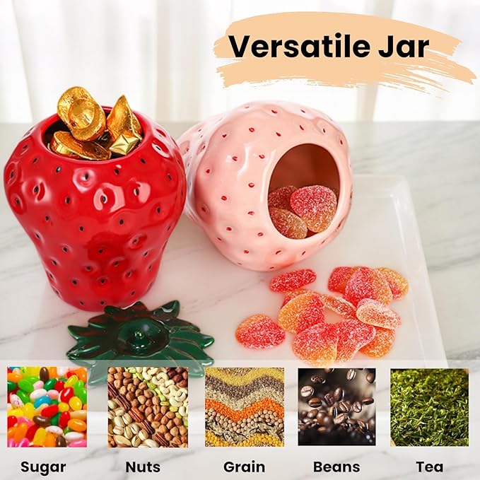 2 Pack Strawberry Storage Jars, 14 OZ Ceramic Cookie Containers with Airtight Lids, Cute Sugar Canisters Set, Candy and Coffee Bean Jar for Flour Nut Tea Spices Grains, Kitchen Farmhouse Decor