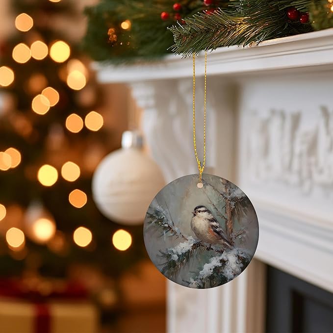 Vintage Rustic Winter Bird Ceramic Ornament Gifts, Farmhouse Christmas Snowy Forest Bird Decorative Hanging Ornaments for Xmas Tree Holiday Party Decoration, Winter Xmas Tree Decorations