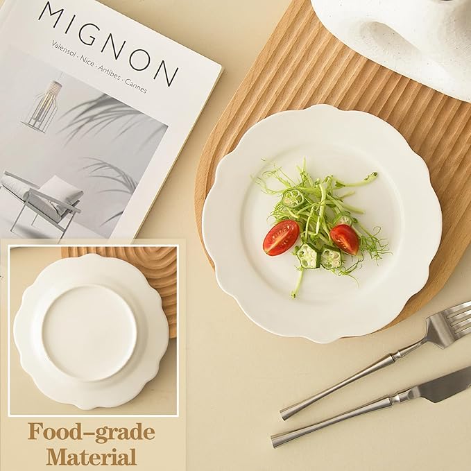 7.5 Inch Porcelain Small Dinner Plates Set of 12, White Leave Wave Rim Appetizer Plates, Dessert Salad Plates, Ceramic Serving Dishes for Cake, Snack, Ice Cream, Waffles, Microwave, Dishwasher Safe