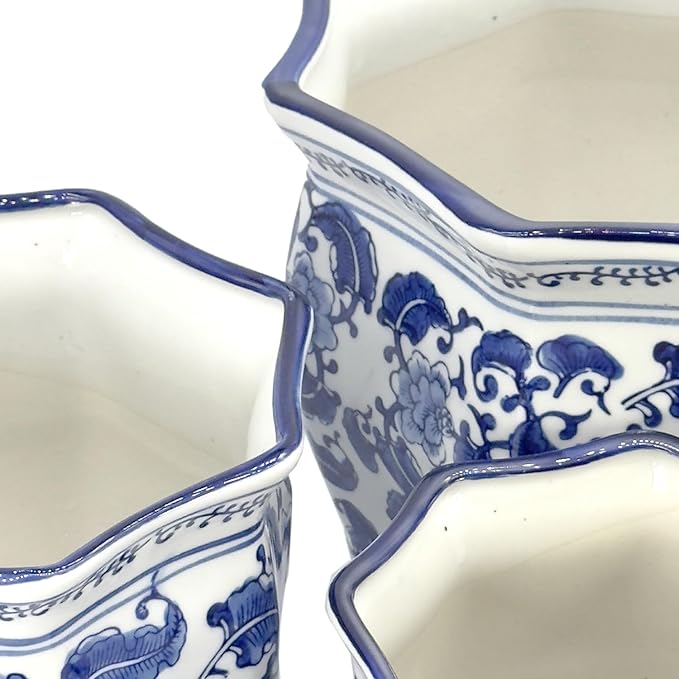 Galt International Blue & White Round Fluted Classic Floral Porcelain Ceramic Plant Flower Planter Pot Set of 3 (7.5", 10", 13") Garden Pots Chinese Asian Design