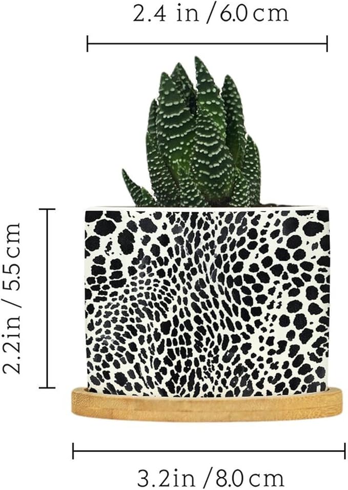 DreamAutumn Black and White Cheetah Leopard Print Animal Skin Pattern Ceramic Pots for Plants with Drainage Holes Round Flower Pot Bamboo Tray Orchid Pot Succulents Pots for Outdoor Indoor Plants