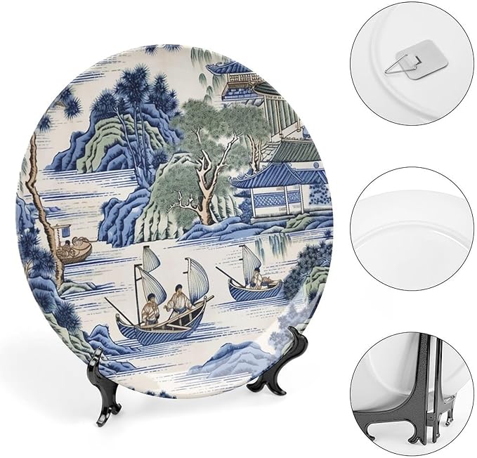 Asian Scenic in Blue And Kelly Green Chinoiserie Ceramic Decorative Plate for Display Housewarming Gifts Club Supplies Festival Wall Holiday Party Decorations Custom Gifts for Men Women Holiday