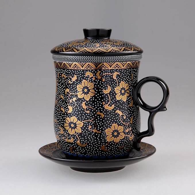 Porcelain Tea Cup with Infuser Lid and Saucer Sets - Chinese Jingdezhen Ceramics Coffee Mug Teacup Loose Leaf Tea Brewing System for Home Office