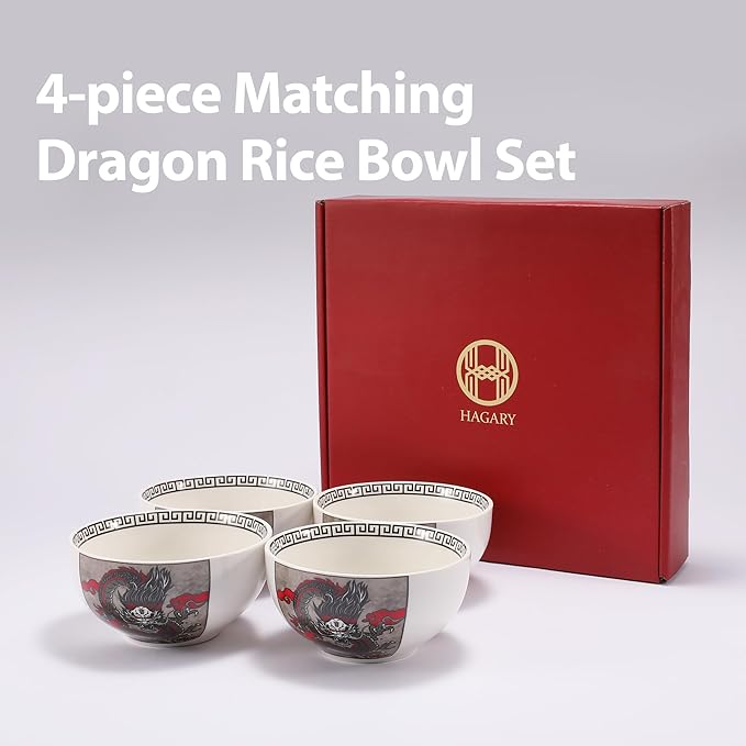 Hagary Dragon Rice Bowls Ceramic Bowl Japanese Korean Soup Bowl Pasta Salad Dessert Small Serving Bowls Housewarming Wedding Gifts Designed in Korea (No chopsticks) (Black, 10 oz – 4pcs)