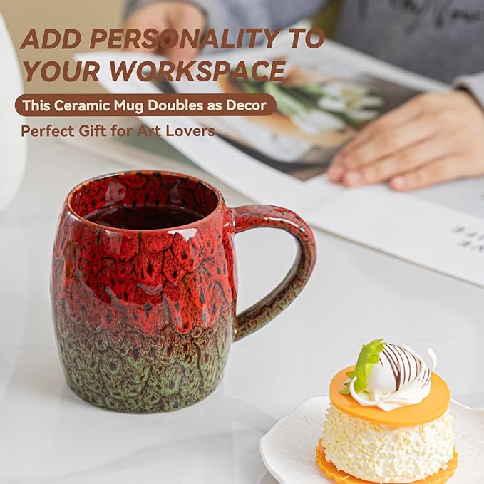 Unique 22OZ Ceramic Coffee Mug with Ergonomic Handle, Microwave & Dishwasher Safe – Red & Green Glazed Ceramic Mug – Gift for Coffee & Tea Lovers, Ideal for Office & Home Use