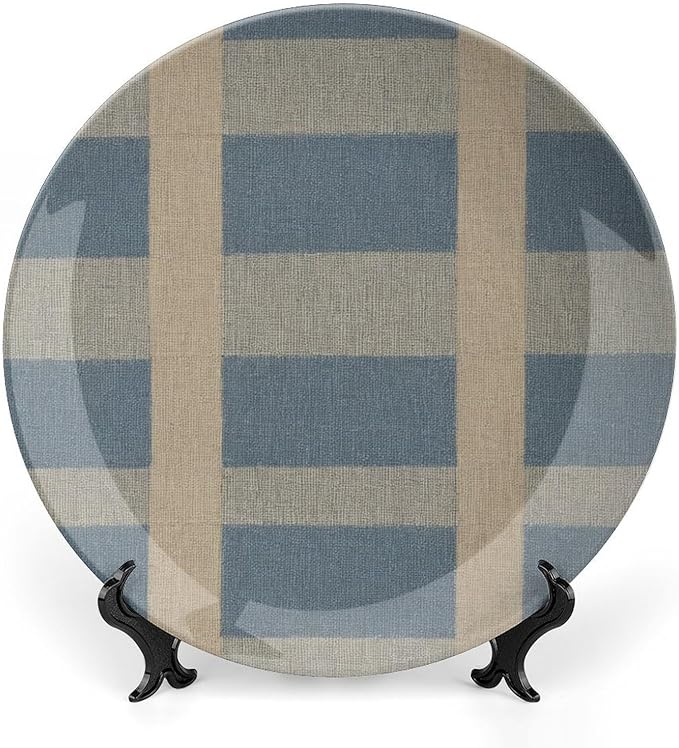Geometric Asian Check in Blue Vintage Plates of 6", 7", 8", 10", Personalized Christmas Design Porcelain Dessert Plate Set, Customize Gifts, Kitchen Farmhouse Decorations Club, Unique Art with Stand