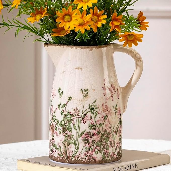 Vintage Pink and Green Floral Pitcher Vase with Handle, Ceramic Farmhouse Flower Vase French Country Decor, Rustic Table Centerpiece, Grand Millennial Tuscan Home Decor for Living Room, Bookshelf