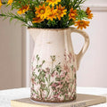 Vintage Pink and Green Floral Pitcher Vase with Handle, Ceramic Farmhouse Flower Vase French Country Decor, Rustic Table Centerpiece, Grand Millennial Tuscan Home Decor for Living Room, Bookshelf