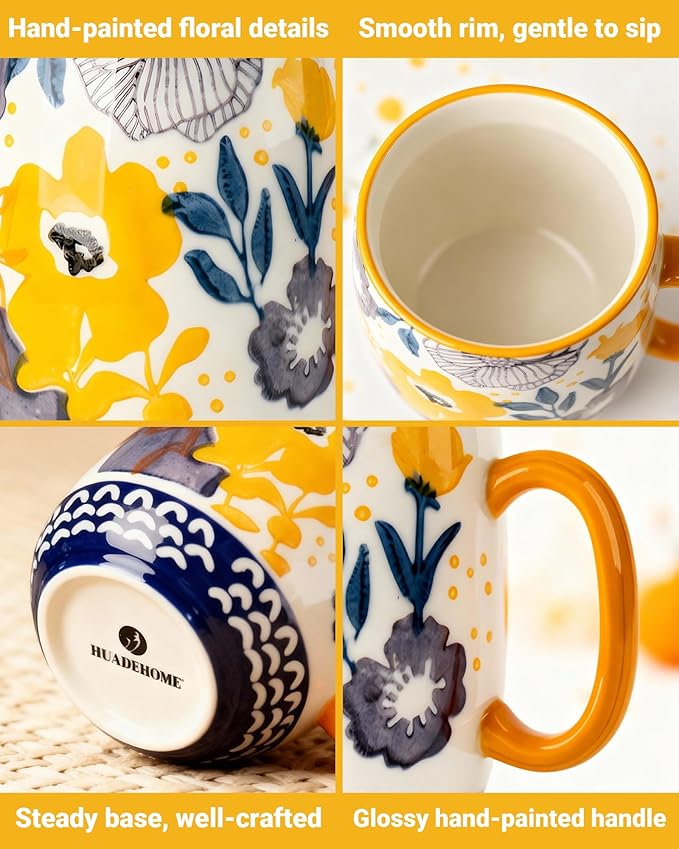 Large 24oz Ceramic Coffee Mug with Handle for Coffee or Tea, Hand-Painted Floral Pottery Mug for Women, Durable Microwave & Dishwasher Safe, Christmas Gift for Family, Holiday & Fall Decor