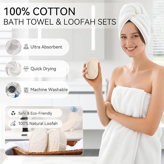 White Bathroom Set, White Bathroom Accessories Set with Shower Curtain and Rugs, Bath Towel Set, Natural Loofah Sponge, Soap Dispenser, Toothbrush Holder, Bathroom Tumbler and Tray for Bathroom