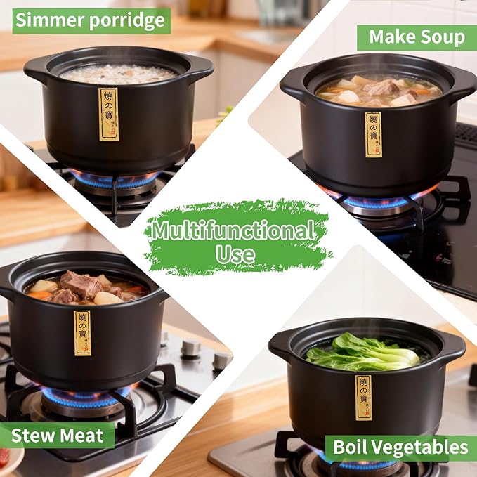 Ceramic Cooking Pot 2.1QT – Authentic Japanese Donabe Clay Pot – Earthenware Stew Pot for Slow Cooking, Casserole with Green Lid, Healthy & Non Toxic