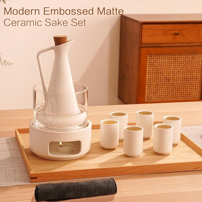ZENS Sake Set with Warmer, 12 Ounce Embossed Ceramic Sake Bottle 6 Sake Cups and Glass Pot for Hot or Cold Japanese Sake, Sake Carafe Gift Sets with Cotton Towel