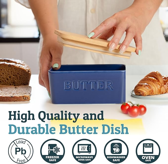 PriorityChef Extra Large Butter Dish with Lid for Countertop, Ceramic Butter Container With Airtight Cover, Butter Keeper for Counter or Fridge, Butter Holder Storage, Dark Blue